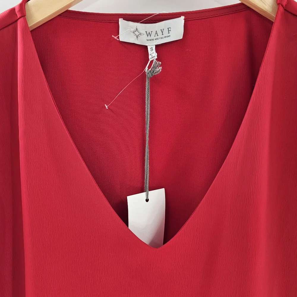WAYF Red  Long Sleeved Feather-Trim Cropped Satin V-Neck Top Womens Size Small - Picture 5 of 11